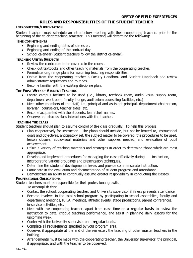 Student Teacher Roles and Responsibilities | PDF | Teachers | Curriculum