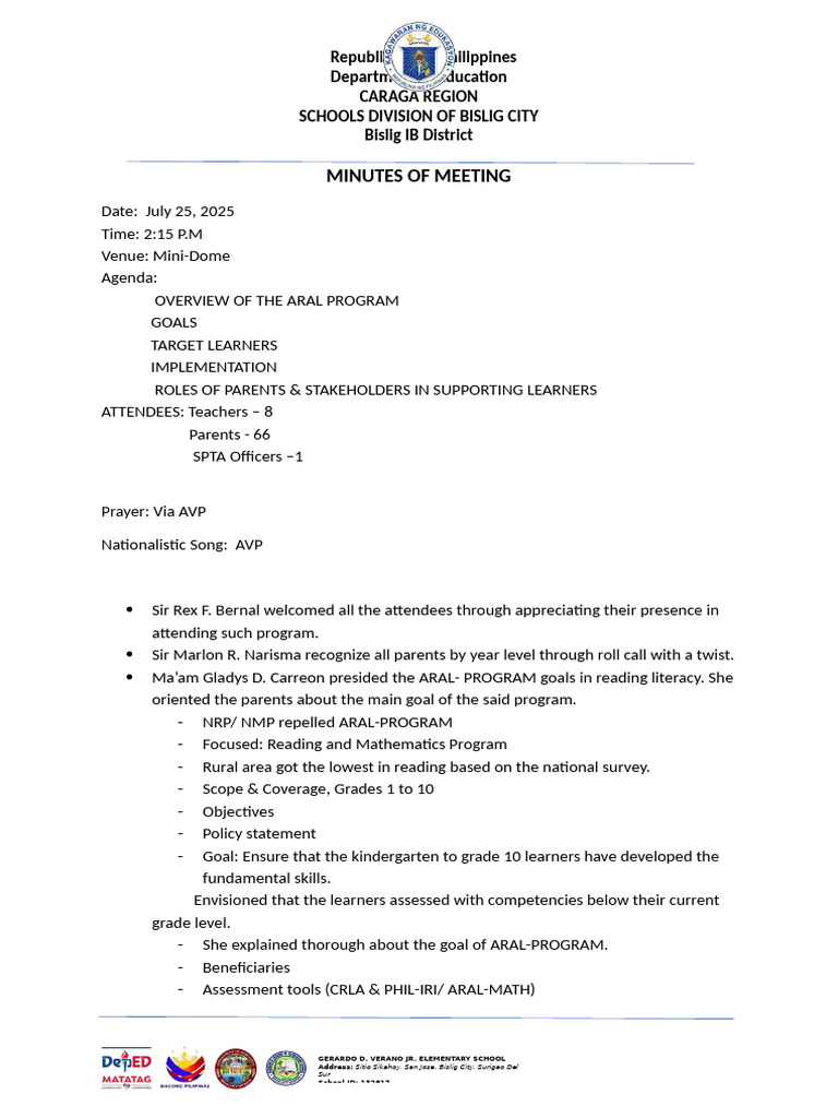 Aral Program Meeting Minutes | PDF | Learning | Behavior Modification
