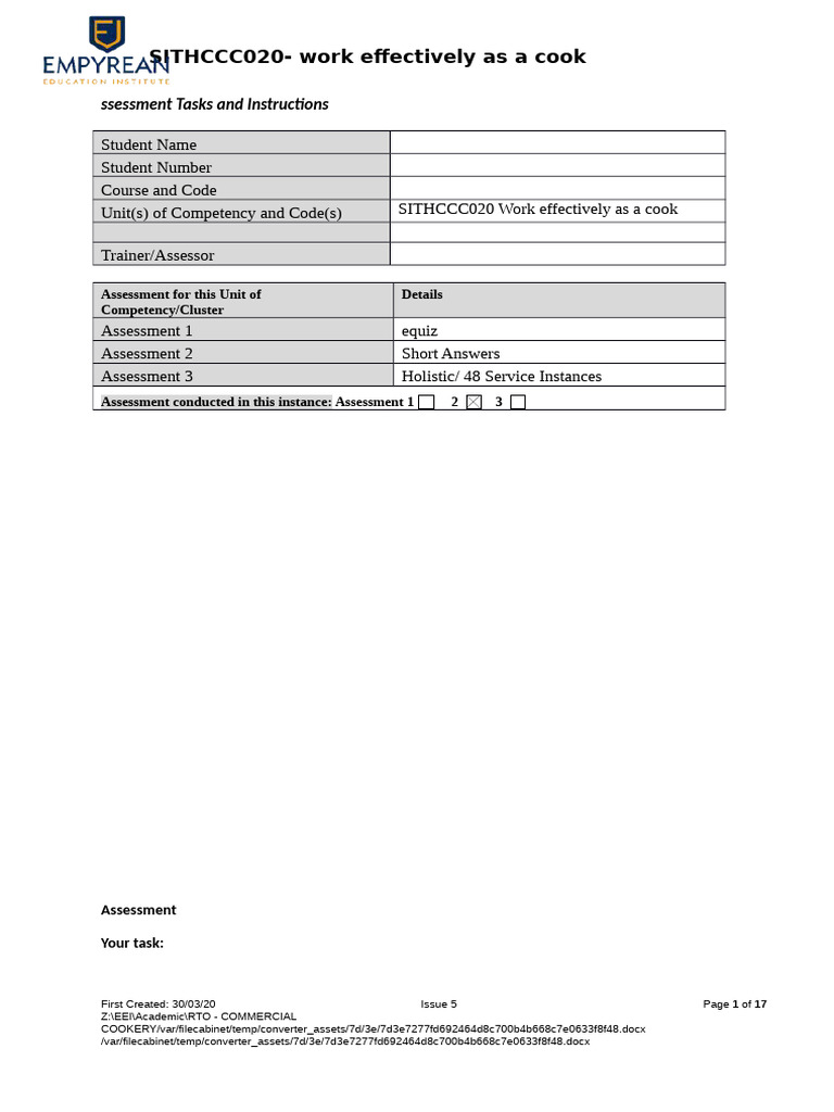 Written Assessment 2 SITHCCC020 Work Effectively As A Cook 1 | PDF ...