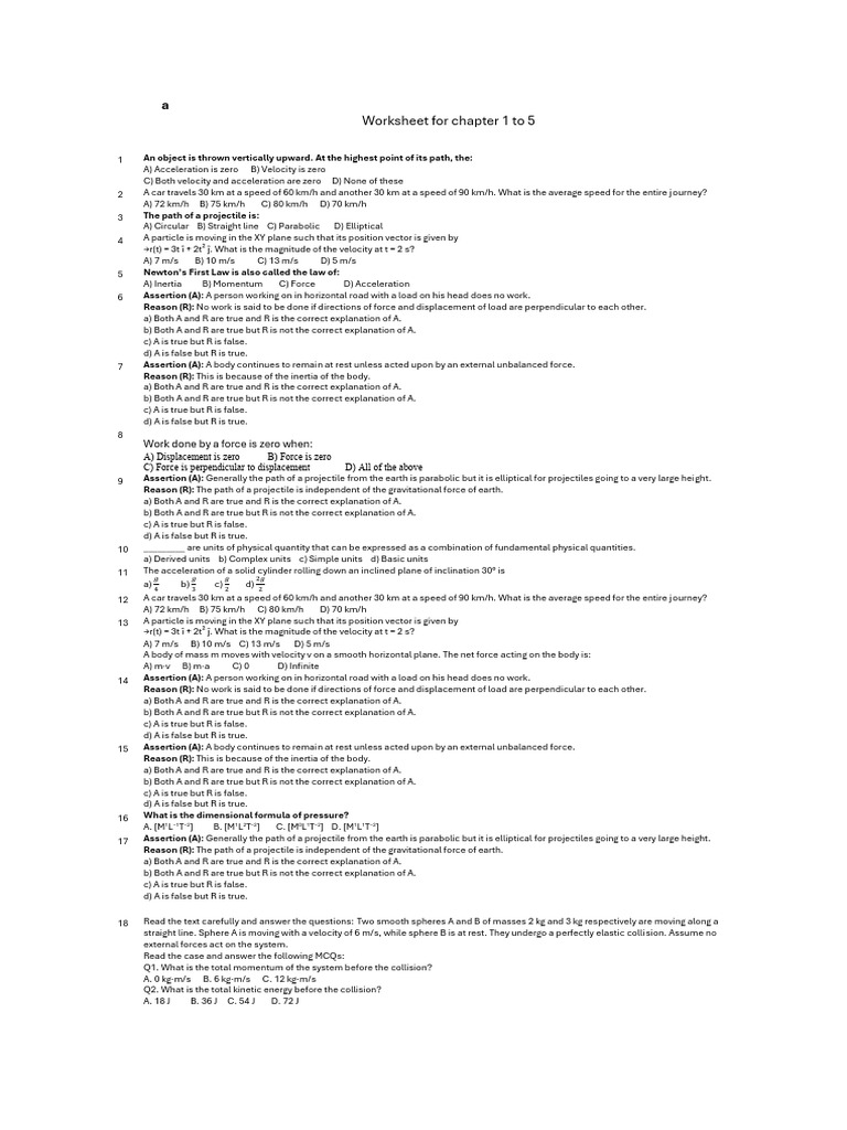 Worksheet For Chapter 1 To 5 | PDF | Force | Acceleration