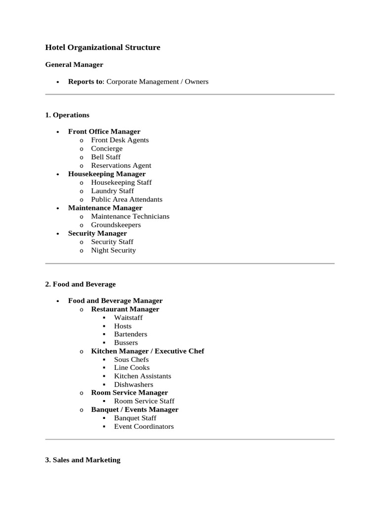 Hotel Organizational Structure Explanation | PDF