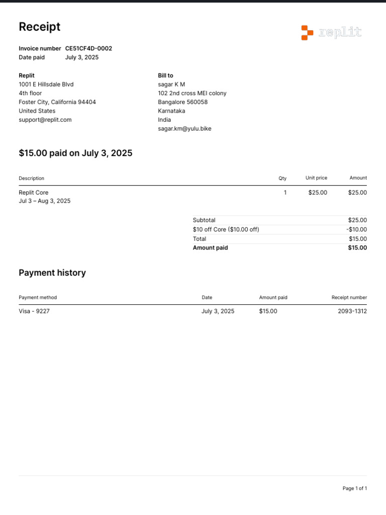 Replit Payment Receipt - July 2025 | PDF