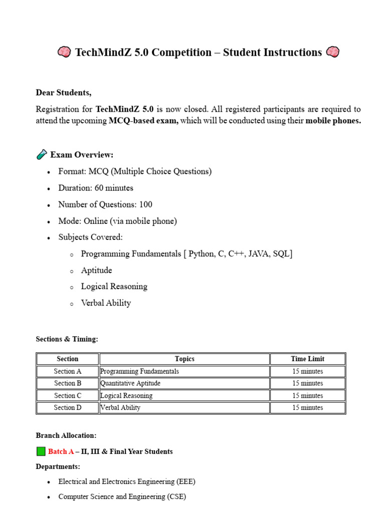 TechMindZ 5.0 Exam Instructions for Students | PDF | Computing ...