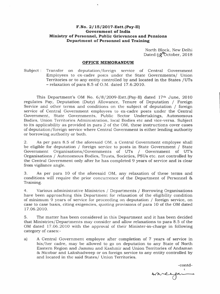 Relaxation of Deputation Rules for Employees | PDF | Government Of ...