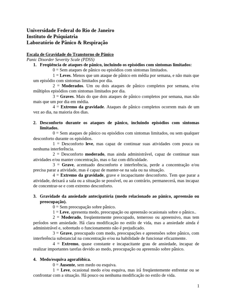 Escala de Gravidade do Transtorno de Pânico | PDF | Transtorno de ...