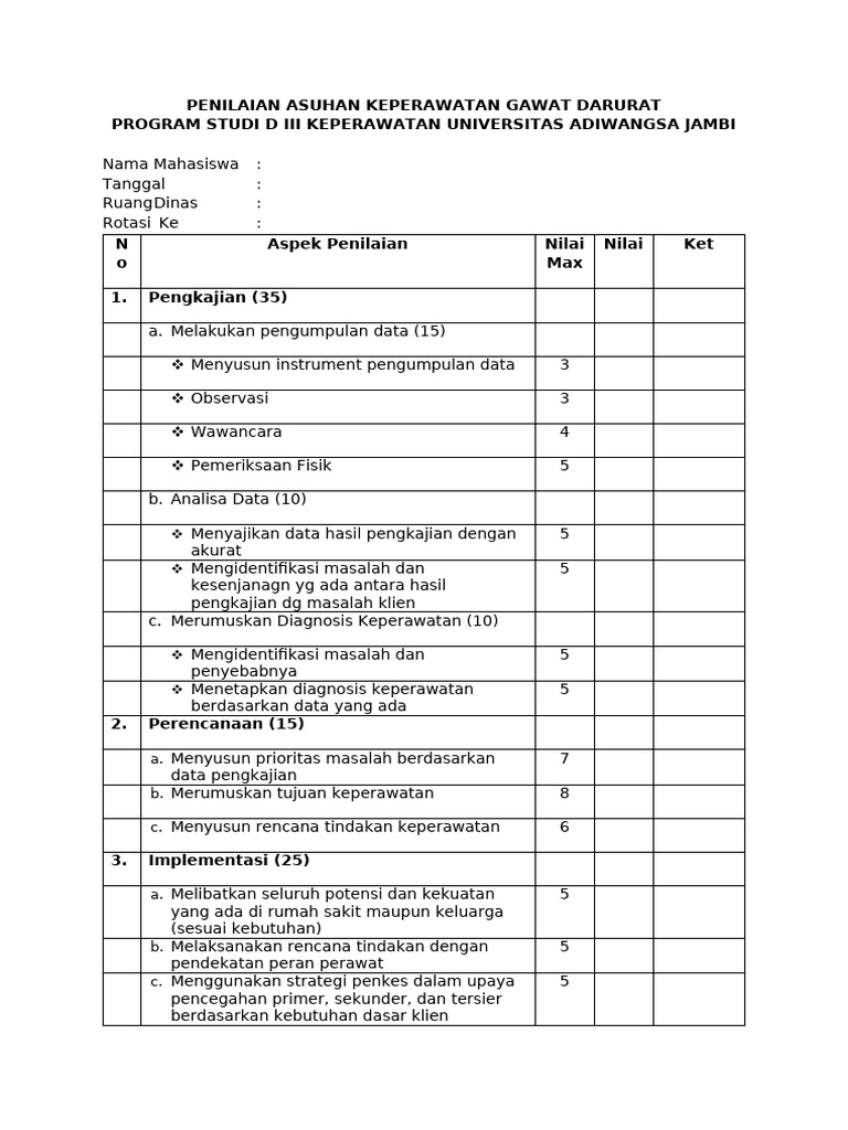 FORM NILAI Keperawatan GADAR D3 Keperawatan | PDF