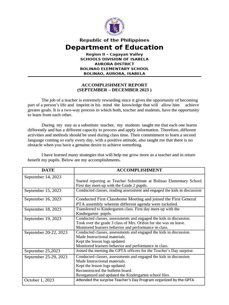 Bolinao Elementary School Accomplishments 2023 | PDF | Teachers | Learning