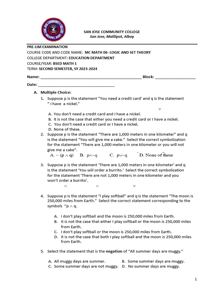 Logic and Set Theory Prelim Exam | PDF | Mathematical Logic | Logic