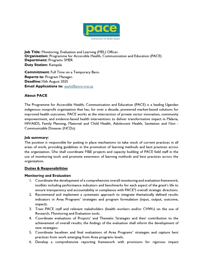 MEL Officer Job at PACE Uganda | PDF | Evaluation | Monitoring And ...