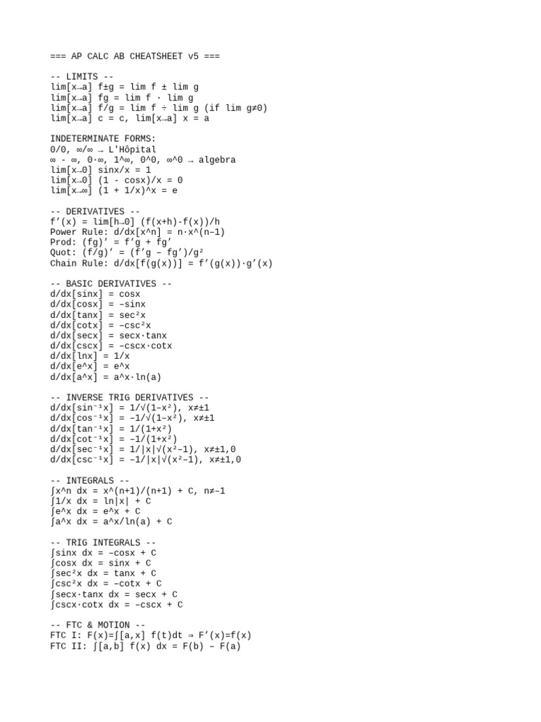 AP Calculus AB Cheat Sheet | PDF