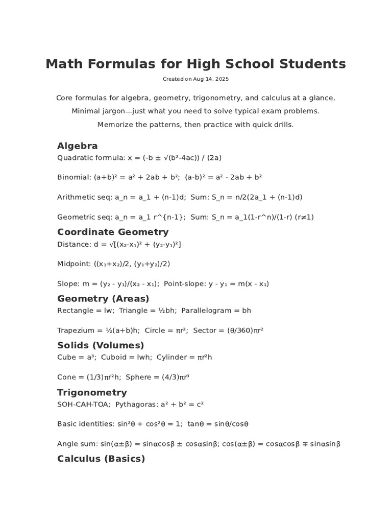 Essential High School Math Formulas | PDF