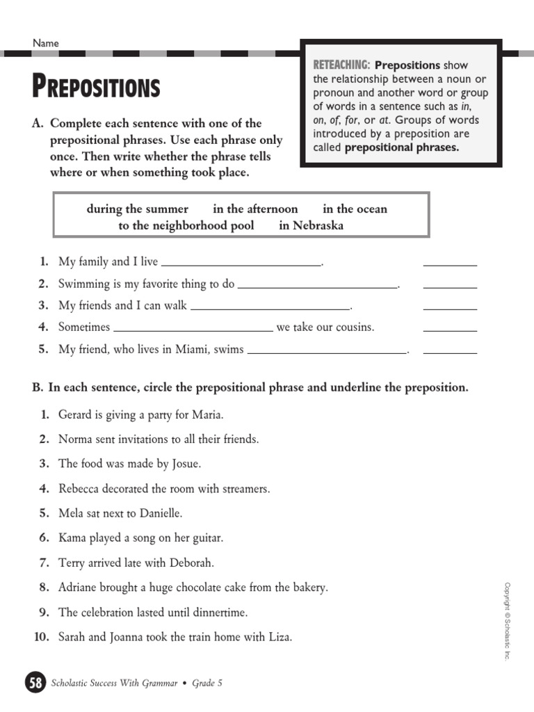 Grade 5 Prepositions Practice Guide | PDF | Linguistics | Grammar