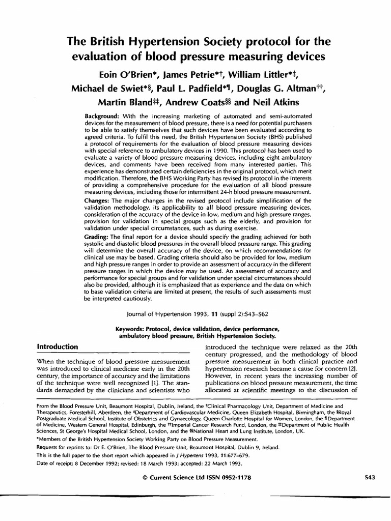 X.bhs Protocol - Revision.j Hypertens 1993.Df | PDF | Blood Pressure ...