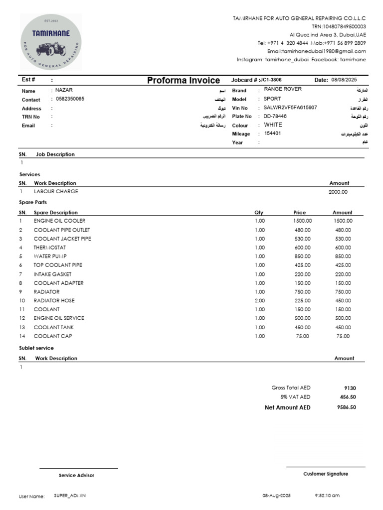 Range Rover Repair Invoice Dubai | PDF | Thermodynamics ...