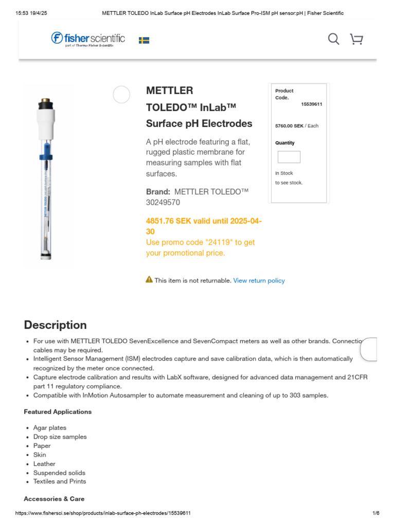METTLER TOLEDO InLab Surface PH Electrodes InLab Surface Pro-ISM PH ...