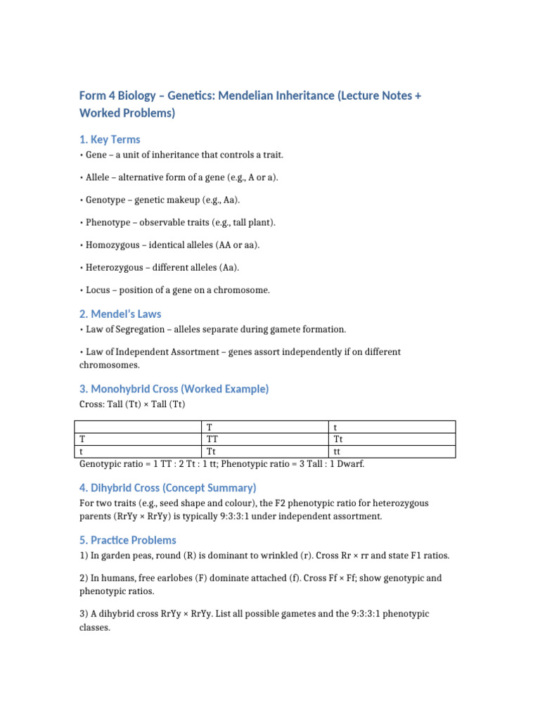 Mendelian Genetics Lecture Notes | PDF