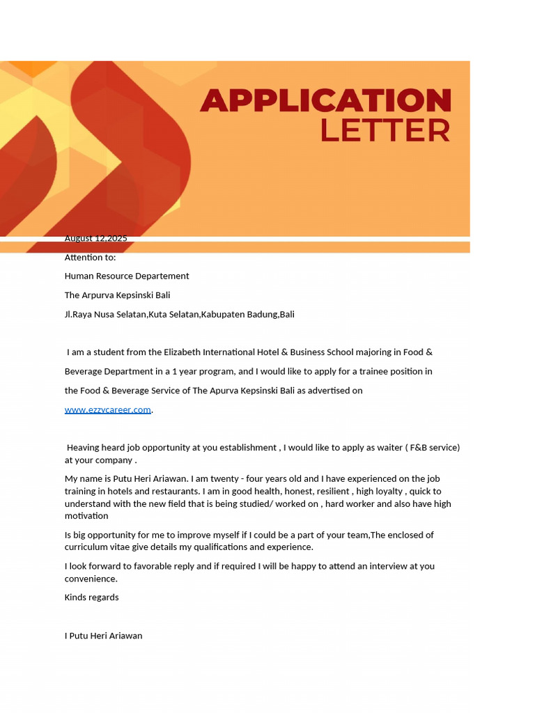 Application for Trainee Waiter Position | PDF