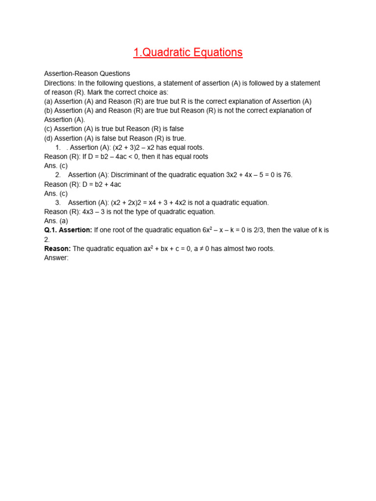 Assertion-Reason Questions on Math Concepts | PDF | Polynomial ...