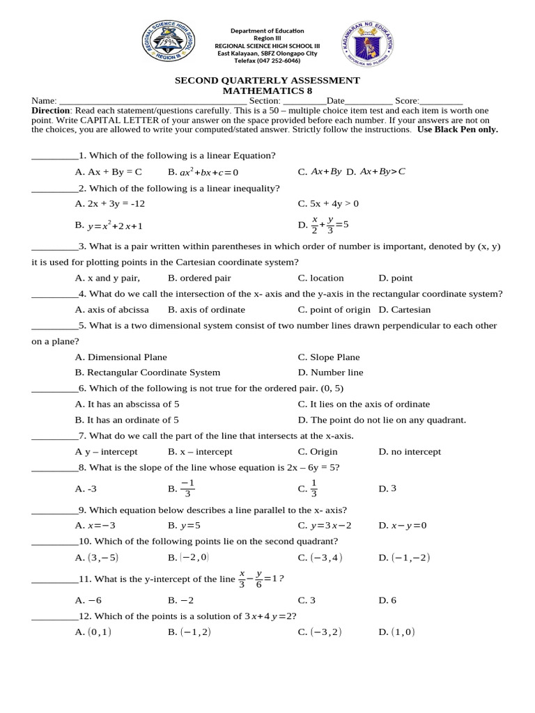 Grade 8 2nd Periodical Exam Sy 2018-2019 For RS | PDF | Cartesian ...
