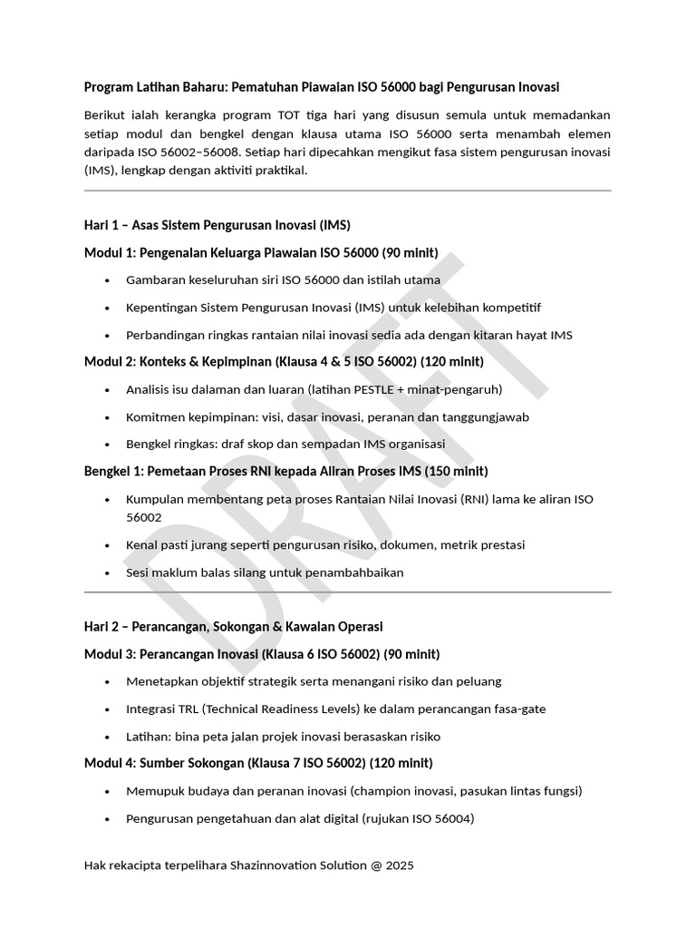 Deraf Program Latihan Baharu Bahagian Inovasi MARA | PDF