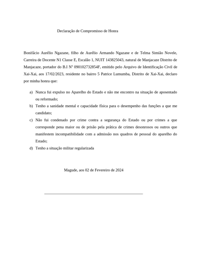 Declaração de Compromisso de Honra | PDF