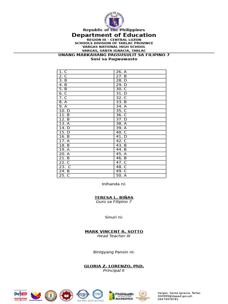 Unang Markahang Pagsusulit Sa Filipino 7 Tos Answer Key | PDF | Chess ...
