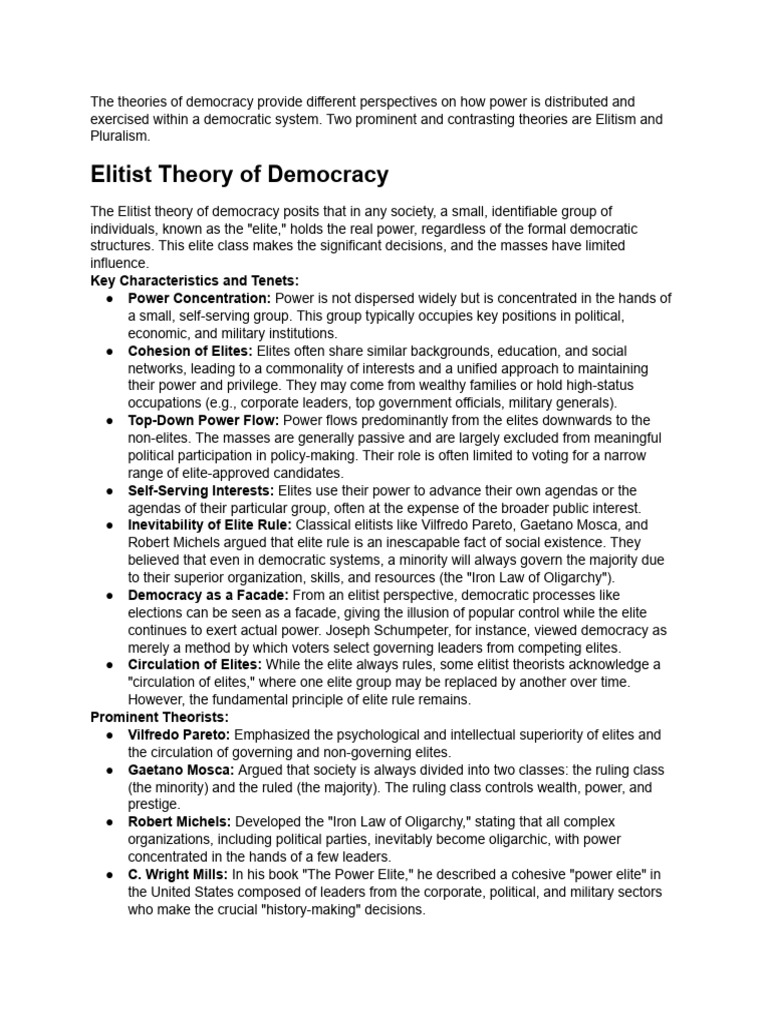 Elitist vs. Pluralist Democracy Theories | PDF | Political Science ...