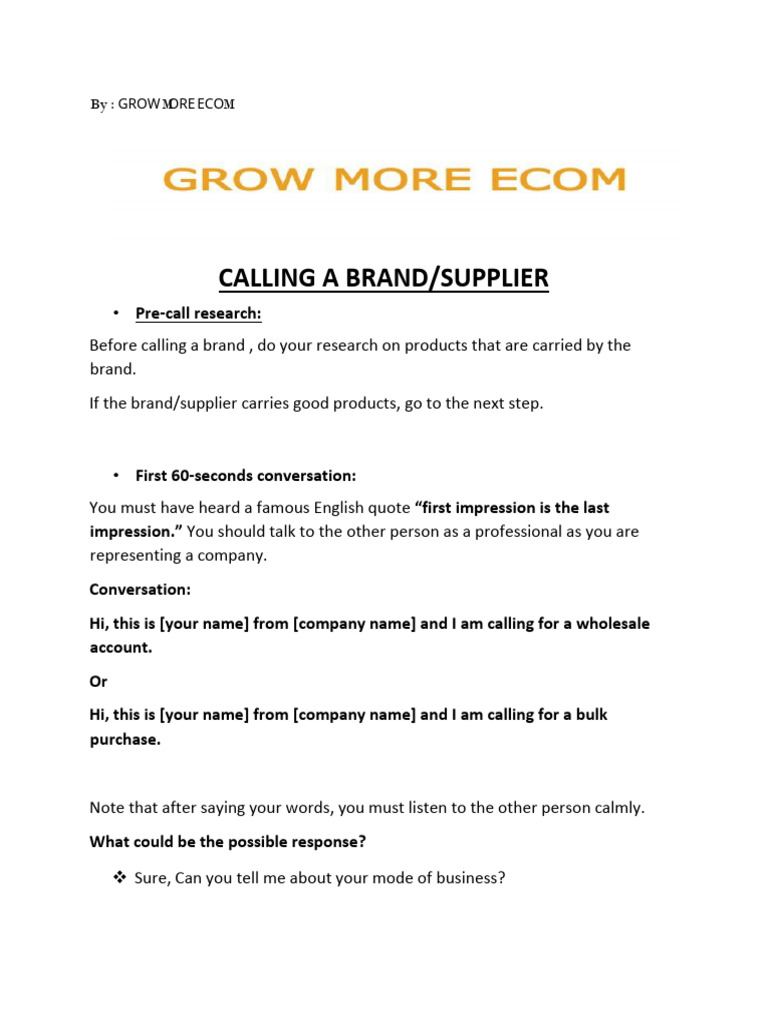 Brand Calling Script - by GROW MORE ECOM | PDF