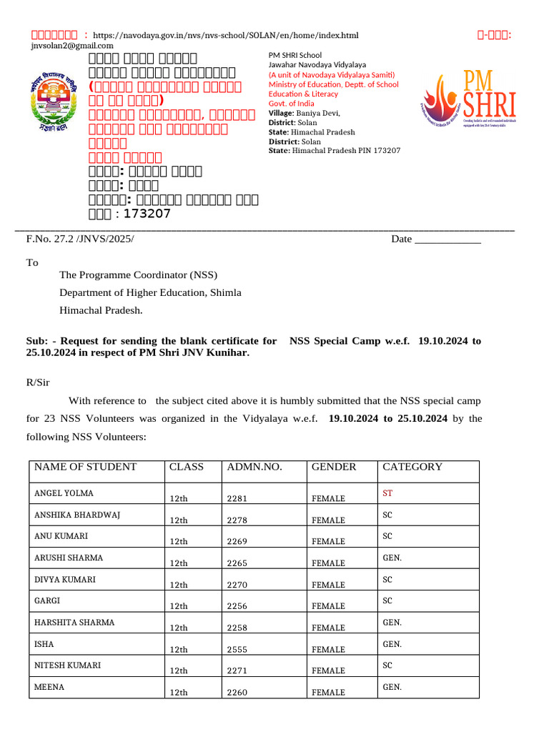 NSS Camp Request for PM Shri JNV | PDF | School Types | Schools