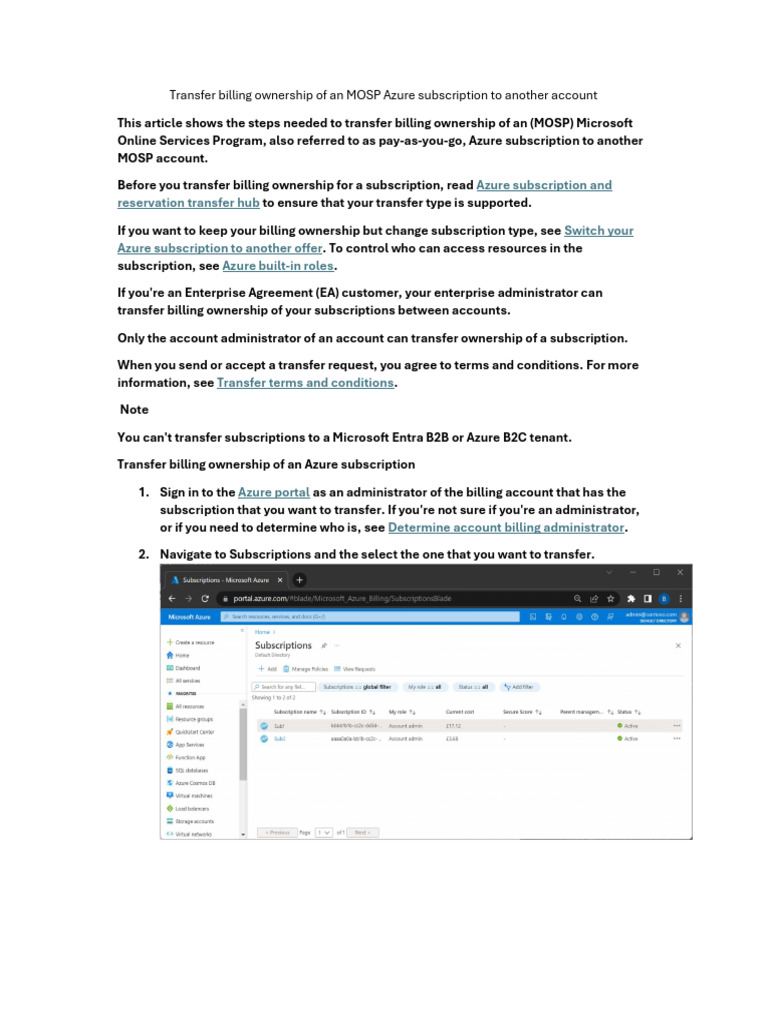 Transfer Azure Subscription Billing Ownership | PDF | Microsoft Azure ...