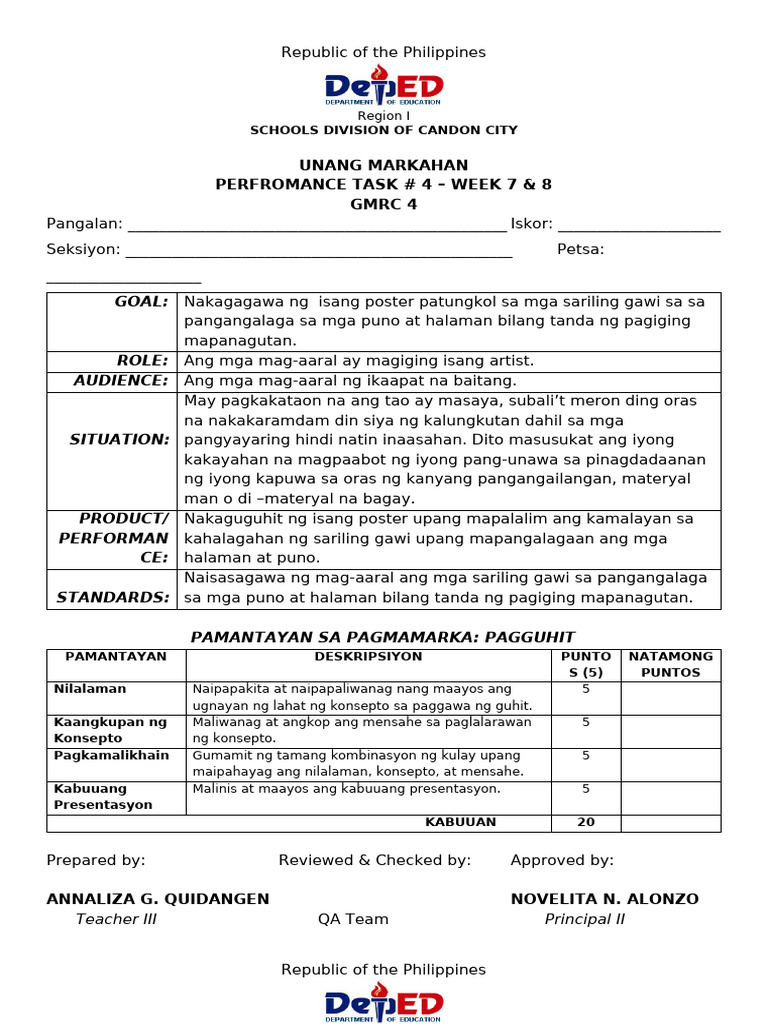 Grade 4 Performance Tasks Overview | PDF | Spreadsheet | Microsoft Excel