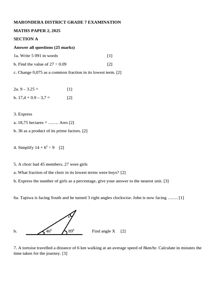Naph Marondera District Grade 7 Maths Paper 2 2025 | PDF