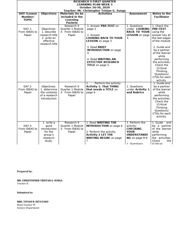 Research 9 Learning Plan Week 3 | PDF | Learning | Human Communication