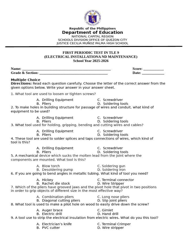 TLE 9 Electrical Installation Test | PDF | Electrical Connector | Voltage