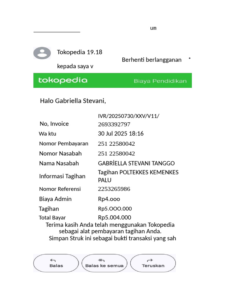 Pembayaran Tagihan Tokopedia oleh Gabriella | PDF