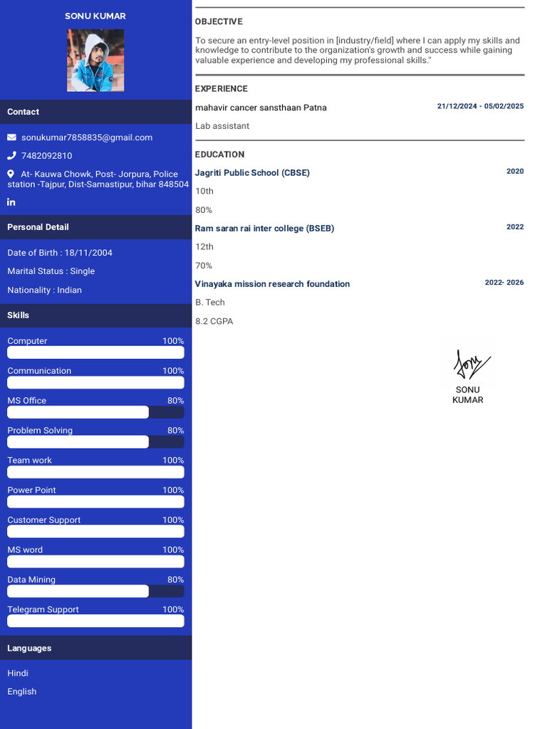 Sonu Kumar's Resume and Skills Profile | PDF