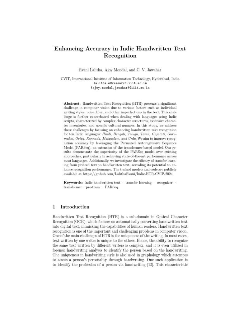 Enhancing Accuracy Indic Handwritten Text Recognition 1 | PDF ...