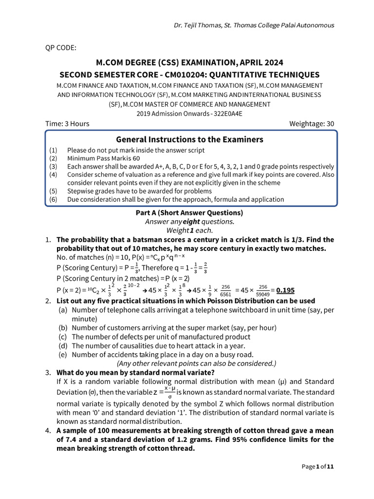 Answer Key QT M. Com 2024 | PDF