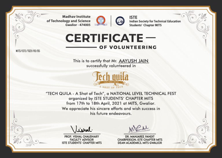 Volunteer Certificate for Tech Quilla 2021 | PDF