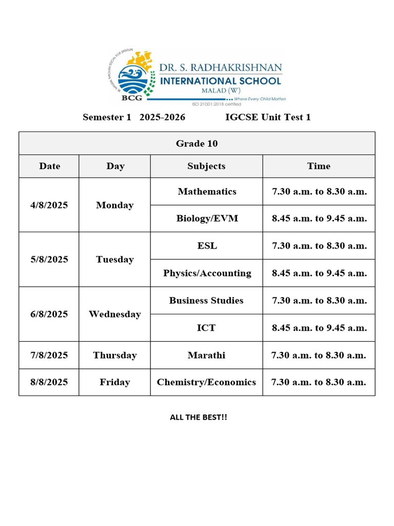 IGCSE Grade 10 Unit Test Schedule 2025 | PDF