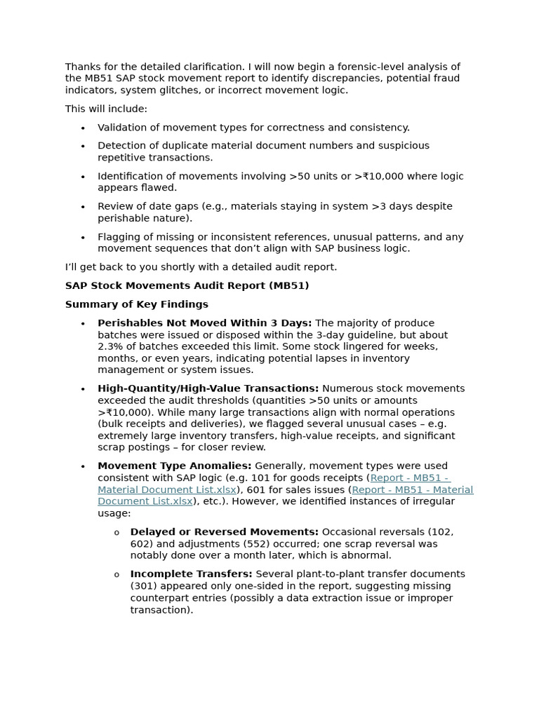 MB51 SAP Stock Movement Audit Findings | PDF | Inventory | Stocks