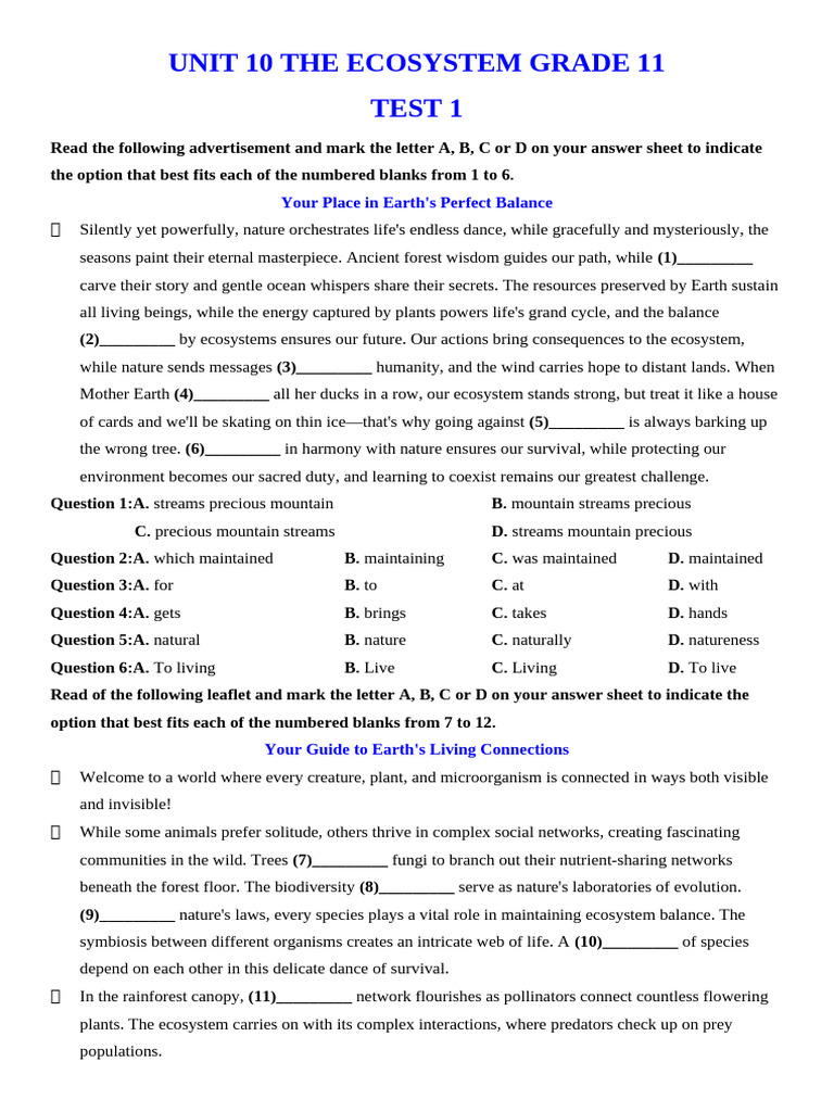 Grade 11 Ecosystem Test Questions | PDF | Conservation Biology | Ecosystem