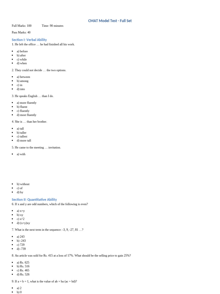 CMAT Model Test: Verbal, Quant, Logic | PDF