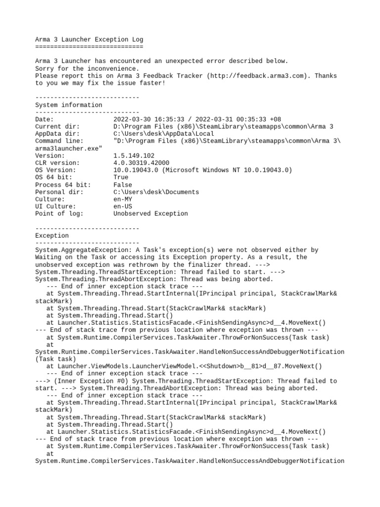 Arma 3 Launcher Error Log Details | PDF | Thread (Computing) | Computer ...