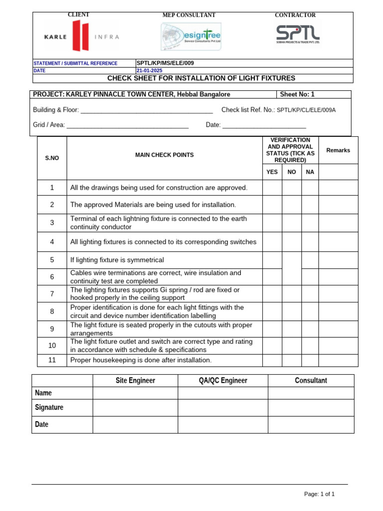 Lighting Fixture Installation Checklist | PDF | Electromagnetism ...