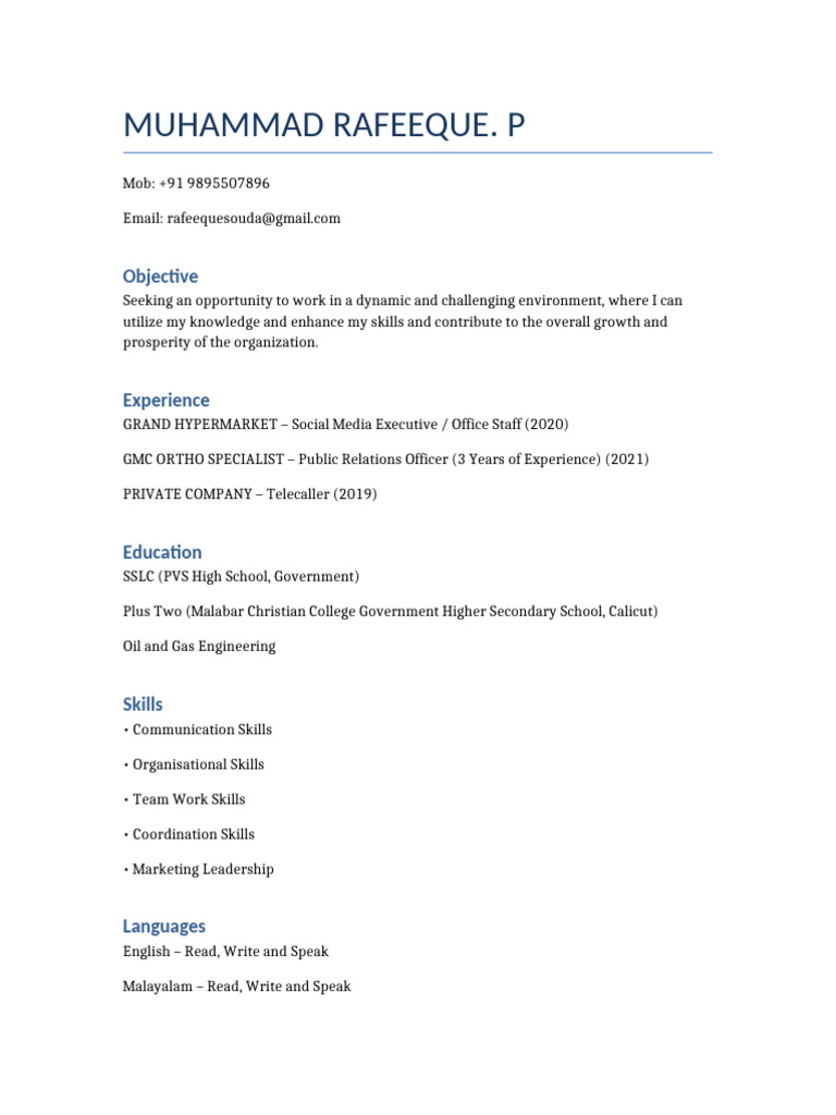 Muhammad Rafeeq's Professional Profile | PDF