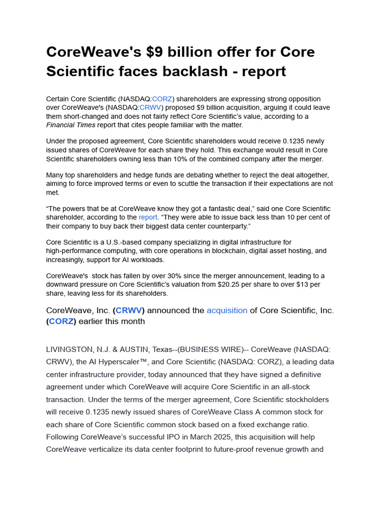 CoreWeave's $9B Core Scientific Merger Concerns | PDF | Mergers And ...