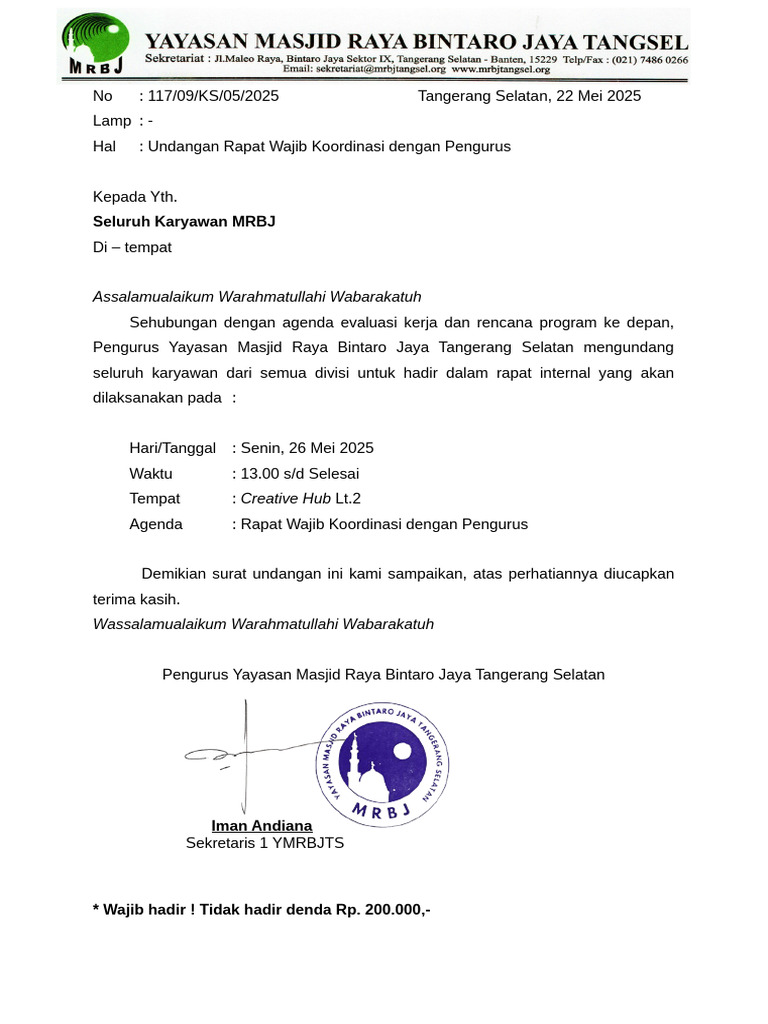 Draft Undangan Rapat Koordinasi Karyawan DGN Pengurus | PDF