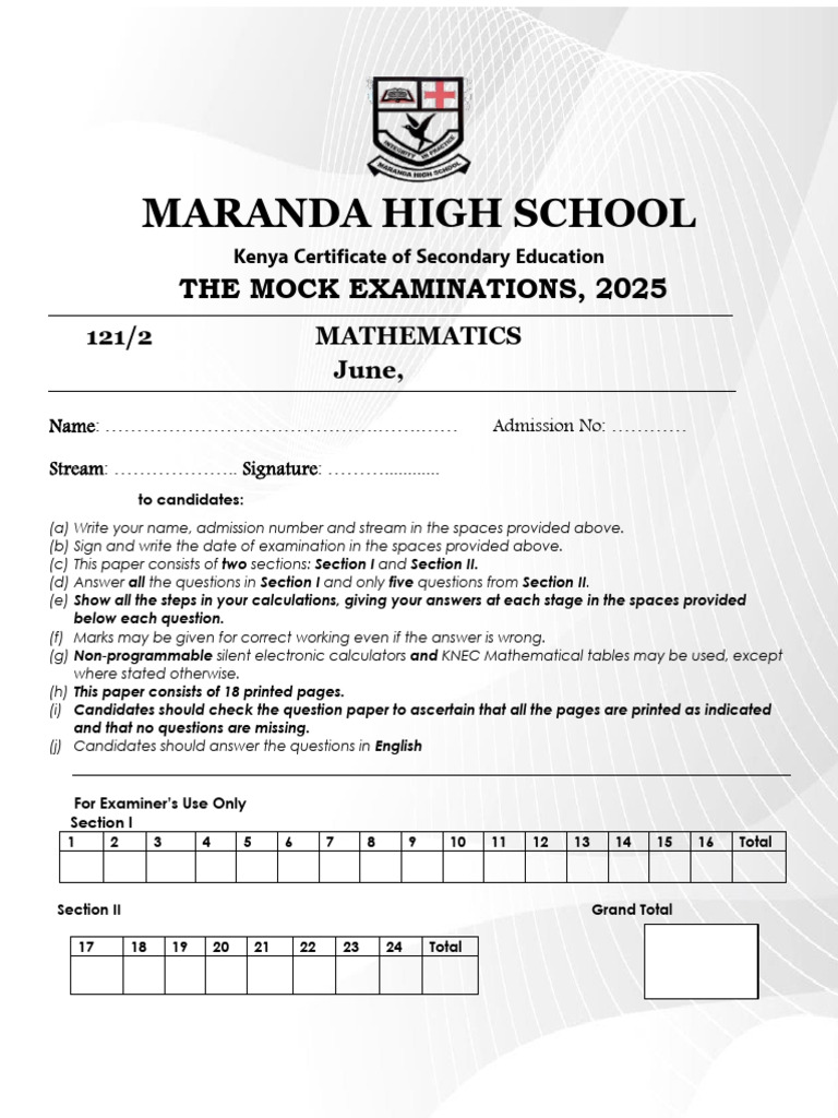 Maranda High School Mock Exam 2025 | PDF | Mathematics