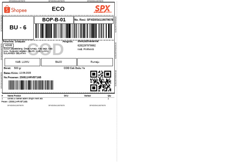 Shipping Details for Order 250811HRVBT16B | PDF